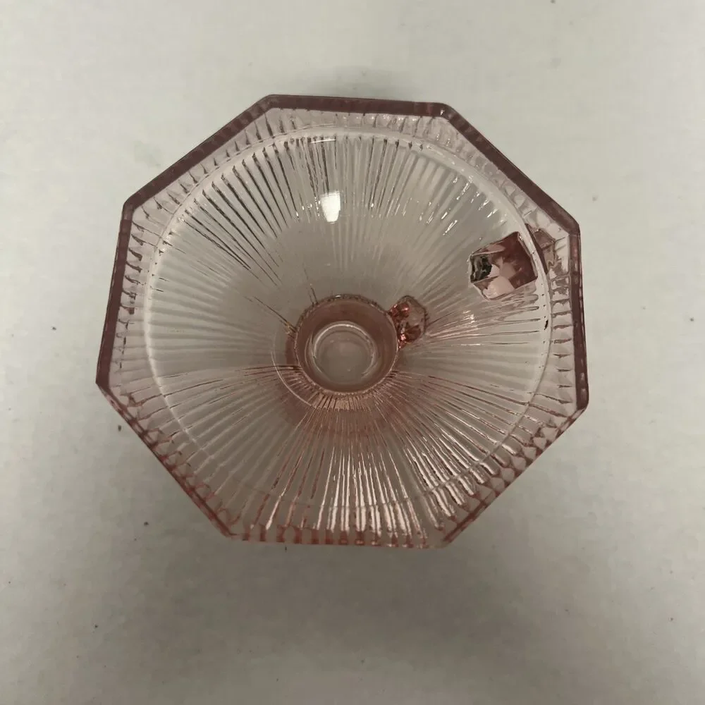 Vintage Pink Glass Candle Holder Chamberstick Ribbed Hexagon Depression